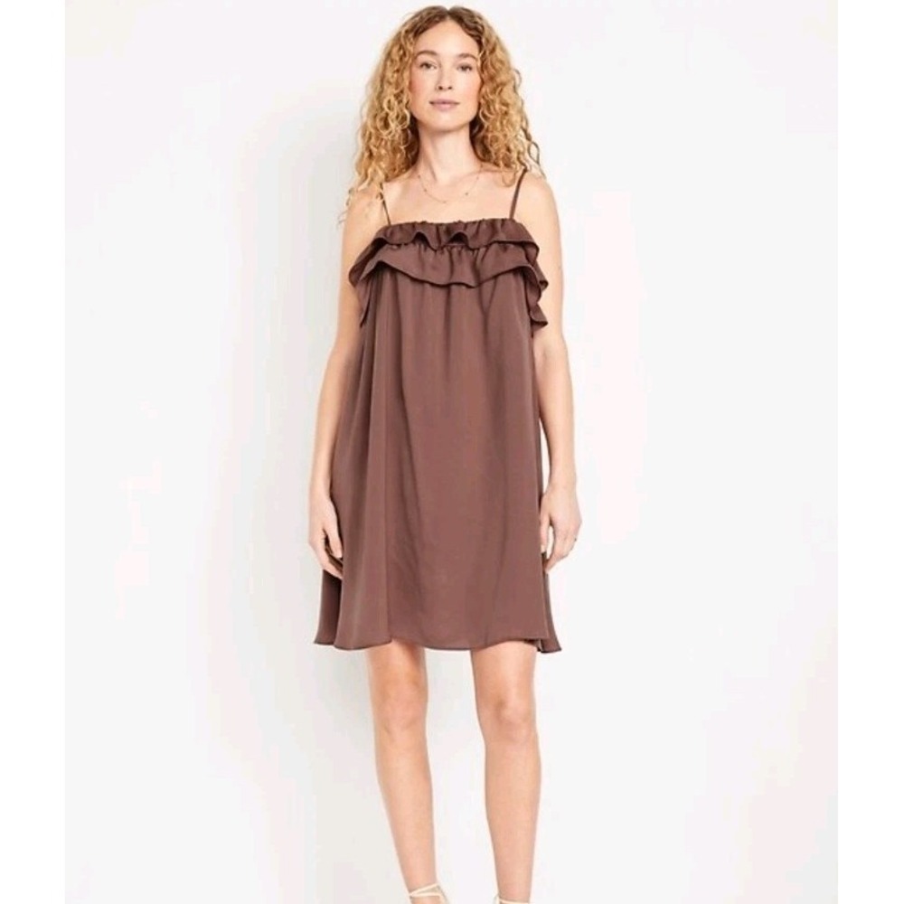 Old Navy Warm Taupe Ruffle Trim Satin Sleeveless Swing Flowy Mini Dress Size L